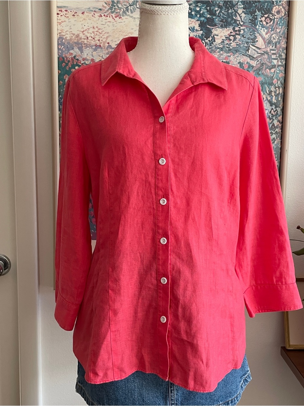 Lafayette 148 Linen Button Down Shirt Women's 10 Coral Pink 3/4 Sleeve Luxury - Picture 3 of 10